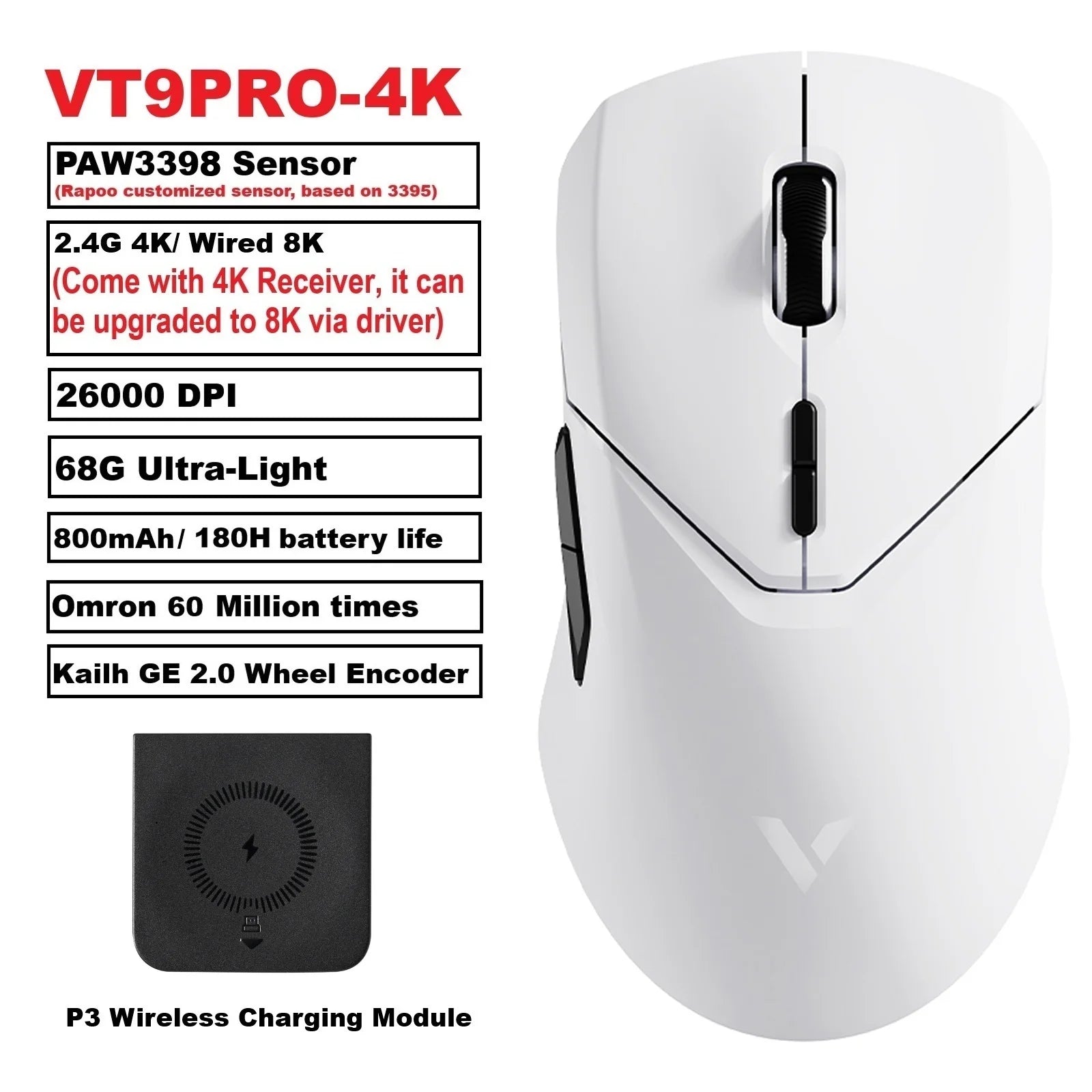 VT9PRO PAW3398 Wireless Gaming Mouse 68G Wired Programmable Ergonomic Mice 26000DPI Type C Rechargeable Pc Gamer Accessory