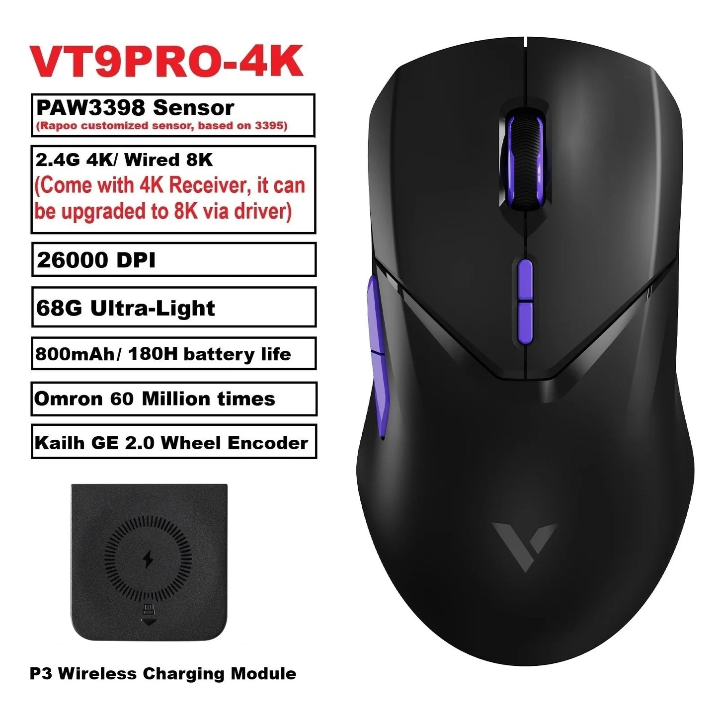 VT9PRO PAW3398 Wireless Gaming Mouse 68G Wired Programmable Ergonomic Mice 26000DPI Type C Rechargeable Pc Gamer Accessory