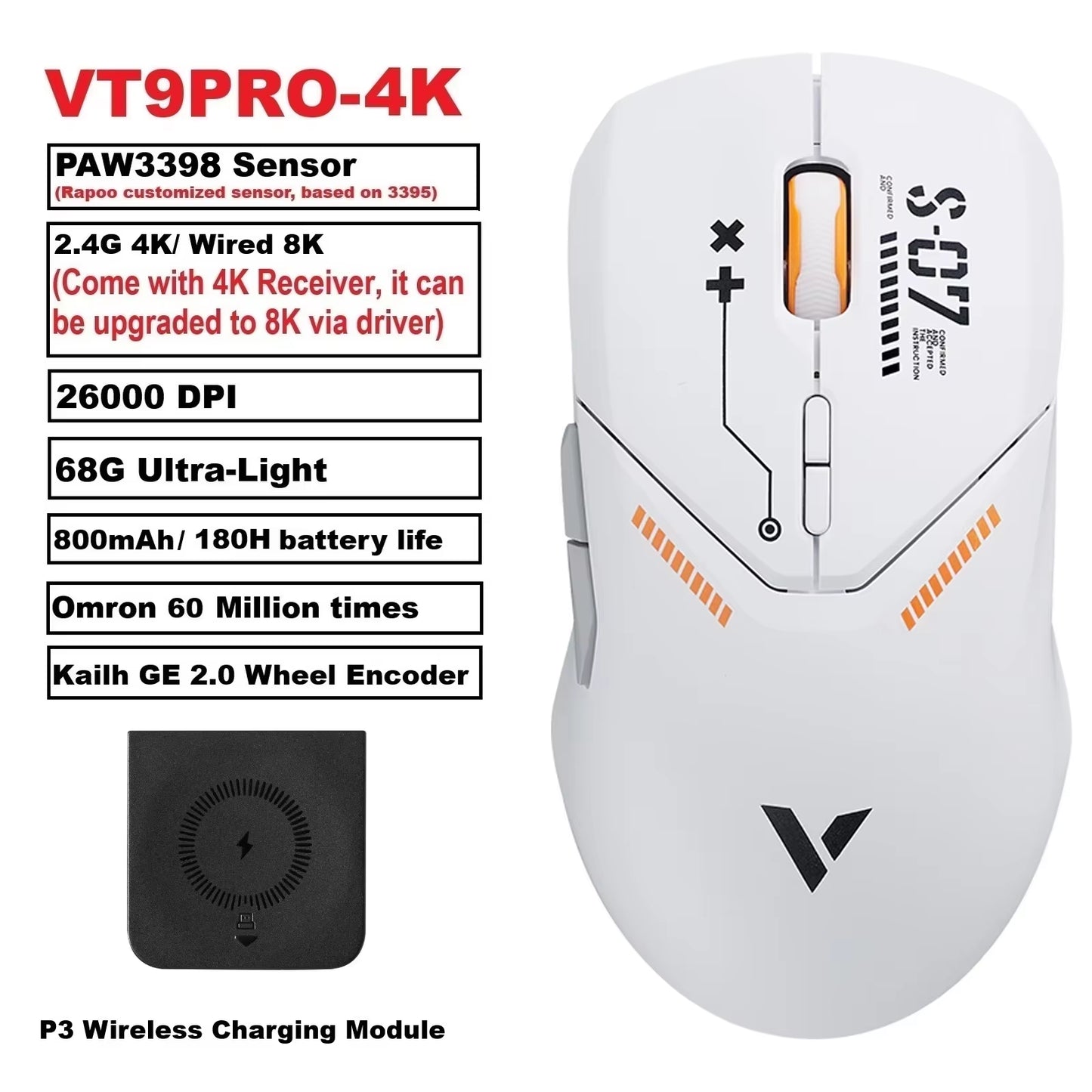 VT9PRO PAW3398 Wireless Gaming Mouse 68G Wired Programmable Ergonomic Mice 26000DPI Type C Rechargeable Pc Gamer Accessory