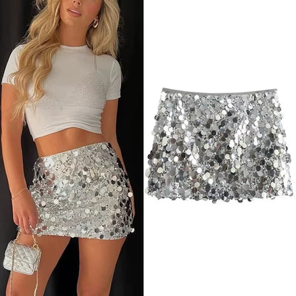 Silver Sequin Skirt Woman High Waist Mini Skirt Woman Fashion Shiny Glitter Elegant Short Skirts for Women Y2K Skirts